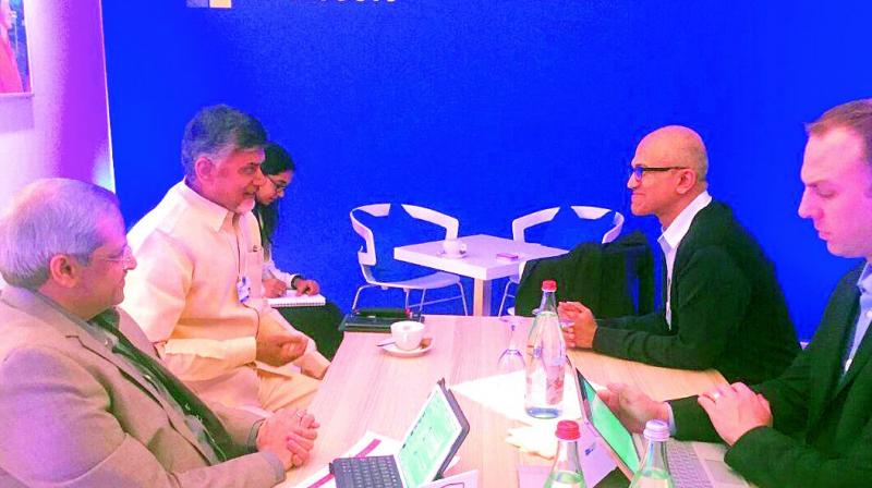 Chief Minister Chandrababu Naidu holds a bilateral meeting with Microsoft CEO Satya Nadella in Davos