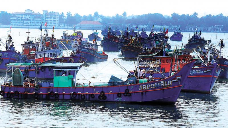 Fisherman take out a boat rally at Vypin as part of the Kadal hartal called by joint action council against the unauthorised fishing in sea in Kochi on Wednesday. (Photo: DC)
