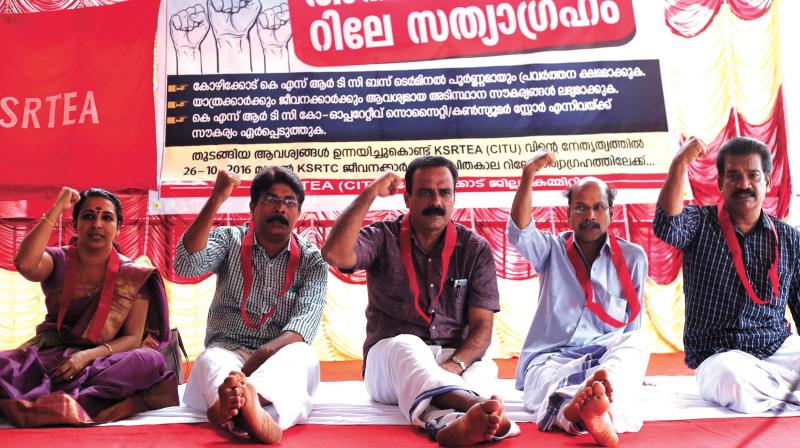 KSRTEA employees on indefinite strike in front of KSRTC bus terminal, Kozhikode on Wednesday.