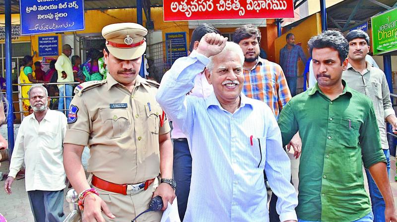 P. Varavara Rao after a medical chek-up following his arrest in Hyderabad on Tuesday. (Photo: DC)