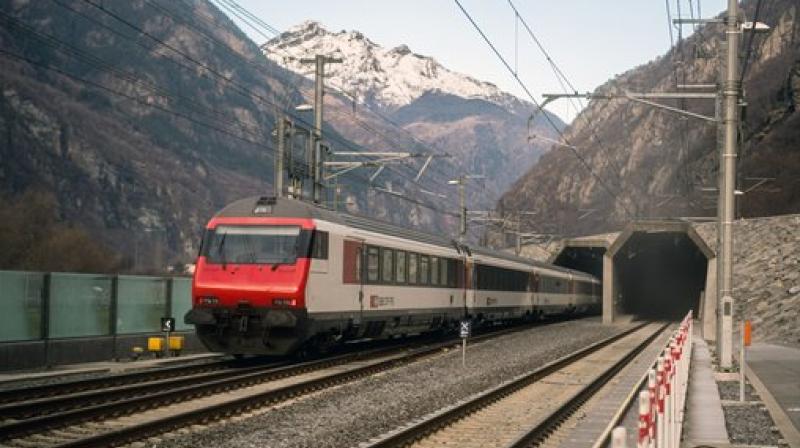 A passenger train enters the south portal of the Gotthard rail tunnel between Erstfeld and Pollegio, in Pollegio. (Photo: AP)