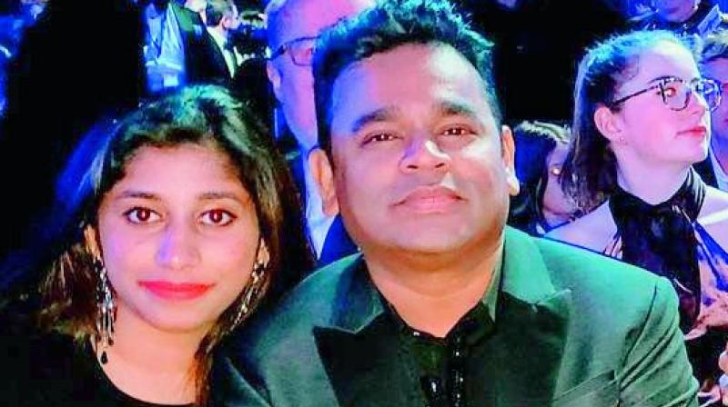 A. R. Rahman with daughter Raheema at the Grammy Awards.