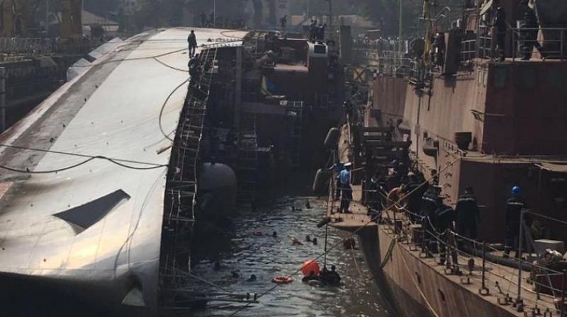 INS Betwa, the 3850-tonne ship, having a length of 126 metres, tipped over while it was being undocked. (Photo: PTI)