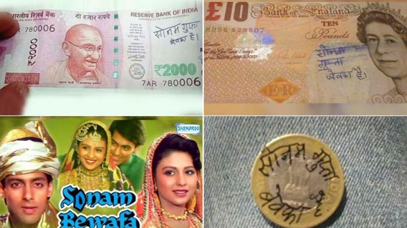 Photos of a certain Sonam Guptas name being scribbled across currency notes has left the Twitterati chuckling.