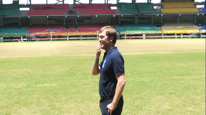 FIFA U-17 World Cup tournament director Javier Ceppi inspects the Jawaharlal Nehru Stadium in Kochi on Monday. (Photo: ARUN CHANDRABOSE)