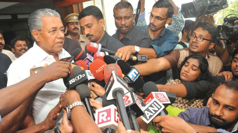 Chief Minister Pinarayi Vijayan speaks to media after the meeting between BJP, RSS and CPM leaders in Thiruvananthapuram on Monday(Photo: A. V. MUZAFAR)
