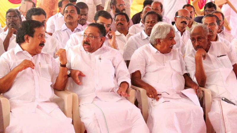 Opposition Leader Ramesh Chennithala, KPCC president M. M. Hassan, Former Chief Minister Oommen Chandy and K. C. Joseph, MLA, during the UDF prayer meeting in Thiruvananthapuram  on Monday. (Photo: DC)