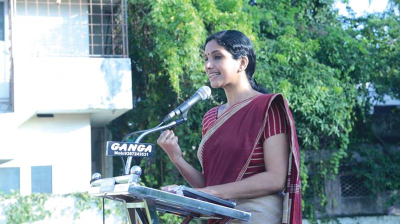 Jyothi adresses the family meeting Indira Gandhis birth centenary celebrations. (Photo: DC)
