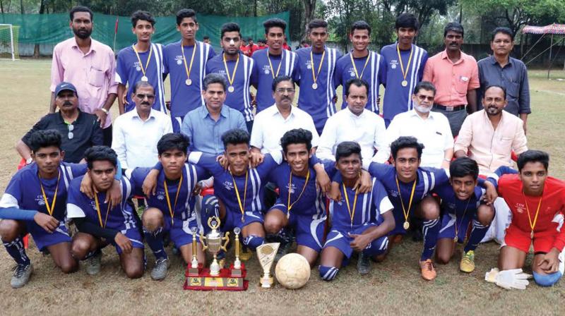 CSM Edassery School which won the Thrissur Sahodaya Football Tournament held at Salsabeel Central School, Mundur with the trophy. (Photo: DC)