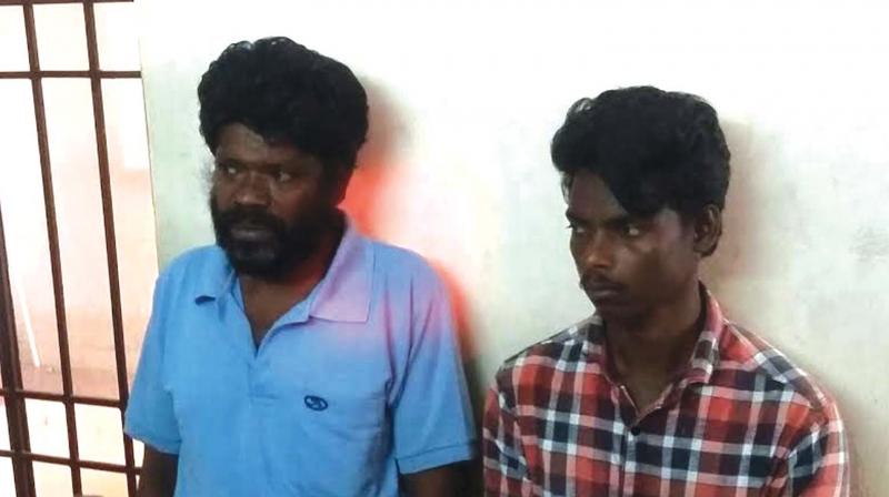 Manikantan (right) and his accomplice Ashokan being paraded at Attingal Dysp office on Tuesday. (Photo: DC )