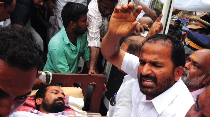 Wadakkanchery MLA Anil Akkara being taken to hospital after his health condition deteriorated on Tuesday.  (Photo: ANUP K. VENU)