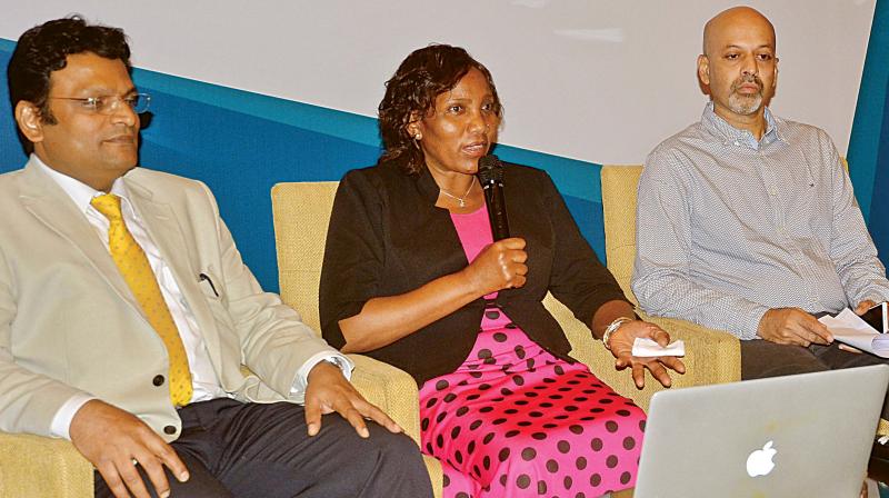 Margaret Wanjiru addressing a press conference with Dr Basavaraj C. M. and others at Ritz Carlton, in Bengaluru on Thursday 	(Photo: DC)