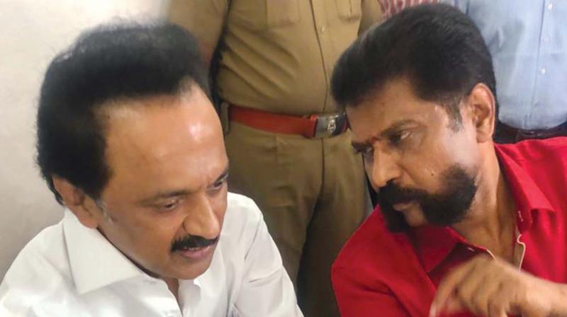 Leader of Opposition and DMK president M.K. Stalin meets Tamil magazine editor Nakkeeran Gopal at Omanthurarar government hospital on Tuesday.  	Image: DC