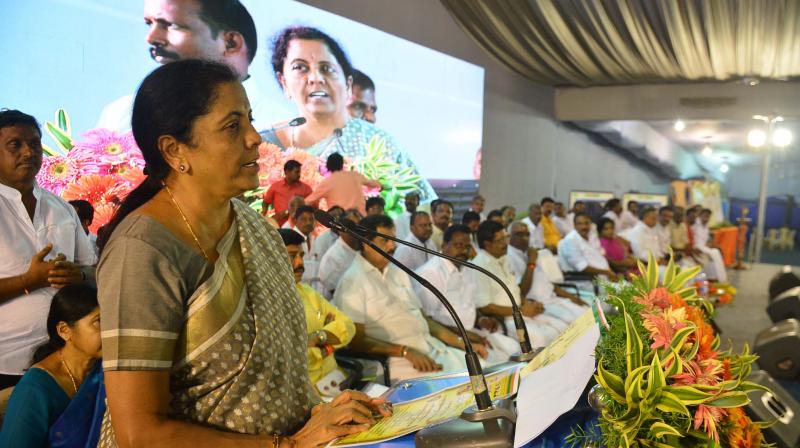 Union minister for defence Nirmala Sitharaman addresses the traders wing of the party at Chennai on Tuesday. 	Image: DC