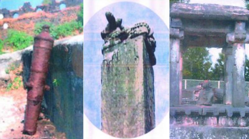 Clockwise: An image of the stolen iron  cannon taken from a Raigad fort. The stolen Nandi idol from Samalkot in East Godavari, Andhra Pradesh and the  recovered Nandi idol at Veerabhadra Temple, AP.