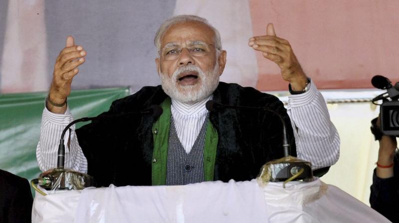 Prime Minister Narendra Modi at an election rally at Langjing Achouba ground, Imphal West on Saturday. (Photo: PTI)