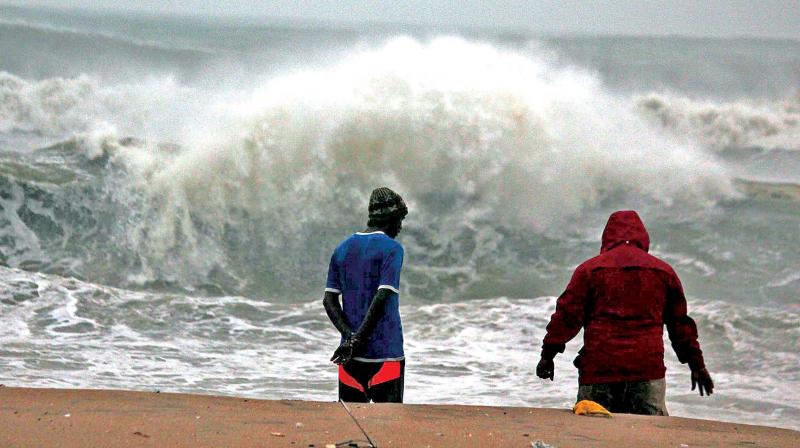Strong waves were witnessed at Marina Beach on Monday.