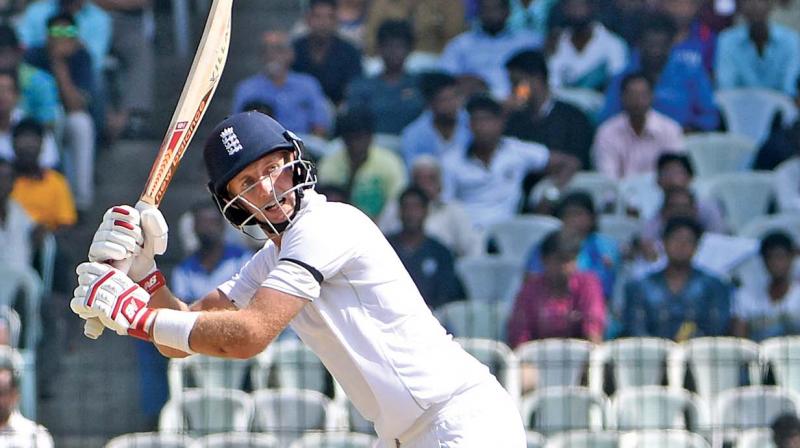 Englands Joe Root plays a shot during the first day of the fifth Test against India at the MAC Stadium on Friday. (Photo: E.K. Sanja)