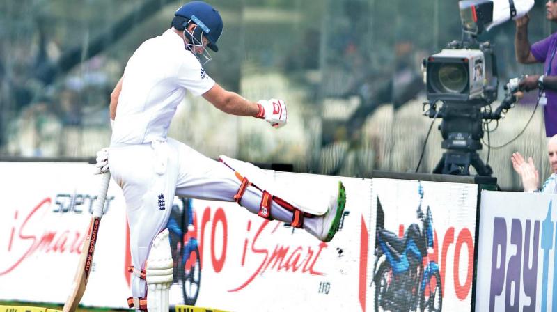 Englands Joe Root kicks the boundary line after his controversial dismissal on day one of the fifth and final Test at M.A. Chidambaram stadium in Chennai on Friday.(Photo: E.K. Sanjay)