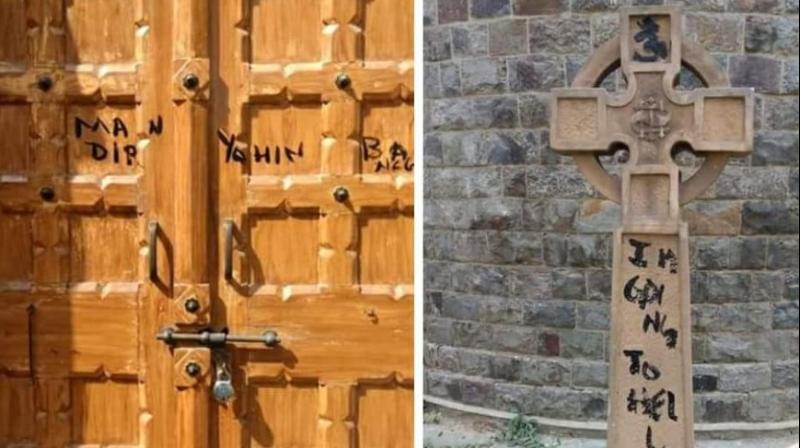 The defaced door of the chapel and the cross marked with black ink at St Stephens College on Friday. (Photo: Twitter)