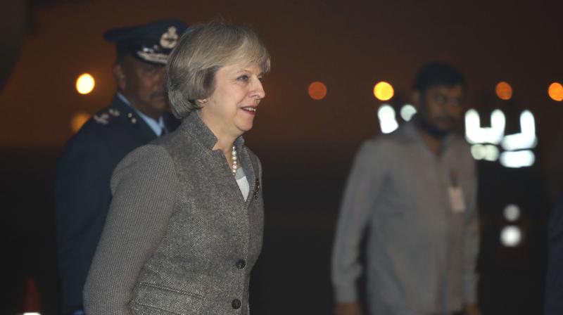 Britains Prime Minister Theresa May arrives at the Palam airport in New Delhi. (Photo:AP)