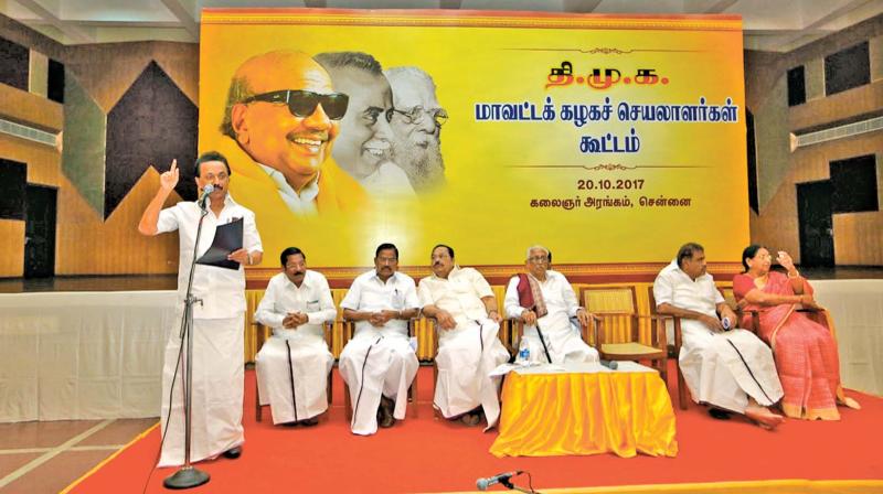 DMK working president M. K. Stalin addresses party district secretaries at a meeting in Anna Arivalayam on Friday.