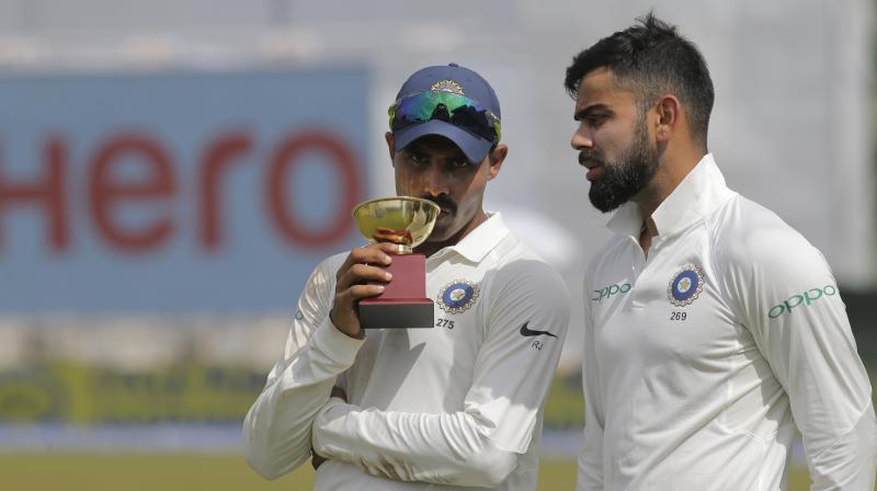 Ravindra Jadeja was adjudged Man of the Match for his haul of seven wickets during the match, coupled with a crucial unbeaten 70 in the first innings in the second Test between Sri Lanka and India. (Photo: AP)
