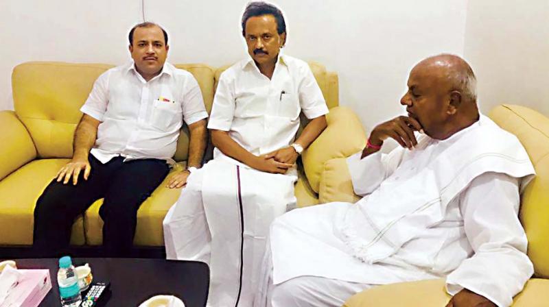 Former PM and JD(S) supremo Deve Gowda with DMK working president M.K. Stalin when he called on ailing DMK chief M. Karunanidhi in Chennai