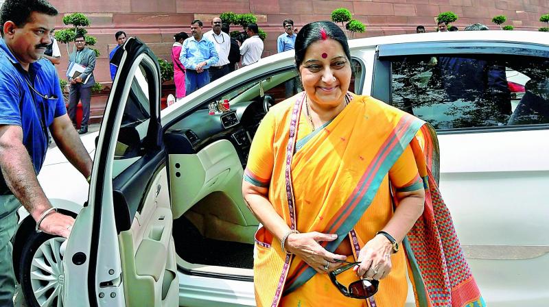 Minister for external affairs Sushma Swaraj  during the ongoing monsoon session of Parliament, in New Delhi on Thursday. (Photo: PTI)