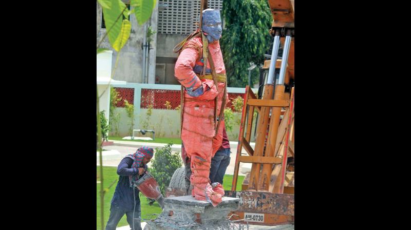 The statue of thespian Sivaji Ganesan which was removed from the Marina beach was shifted to his memorial at Adyar on Thursday. (Photo: DC)