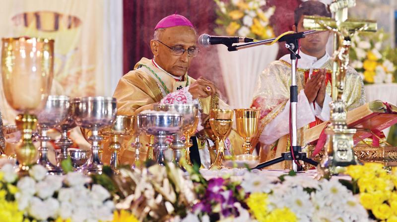 Archbishop of Bengaluru Bernard Moras during a special mass organised to mark his 50th year of priesthood in Bengaluru on Wednesday DC