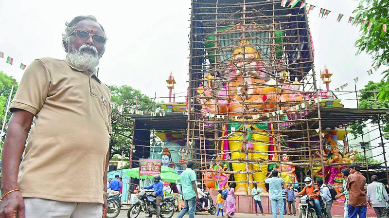 Chinnaswamy Rajendran with this years Khairatabad idol, Sri Chandi Kumara Anantha Maha Ganapathi