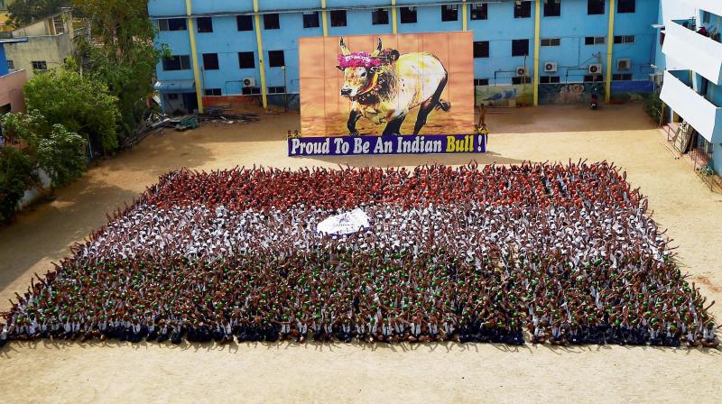 Students of Everwin School form national flag, along side a poster supporting Jallikattu festival during an event to mark Republic Day celebrations at the school premises in Chennai. (Photo: PTI)