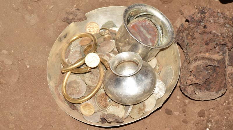 Ornaments, silver vessels and coins found at the Ghanta Matham in Srisailam.