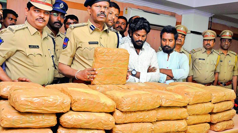 Deputy commissioner of prohibition and excise Vivekananda Reddy with the  seized 102 kg ganja and the accused, V. Srinivas and B. Ashok Teja, on Tuesday.(Image DC)