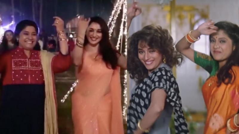 Screengrabs from Madhuri Dixit Nenes Instagram video vis-a-vis her song Lo Chali Main with Renuka Shahane from Hum Aapke Hai Koun.