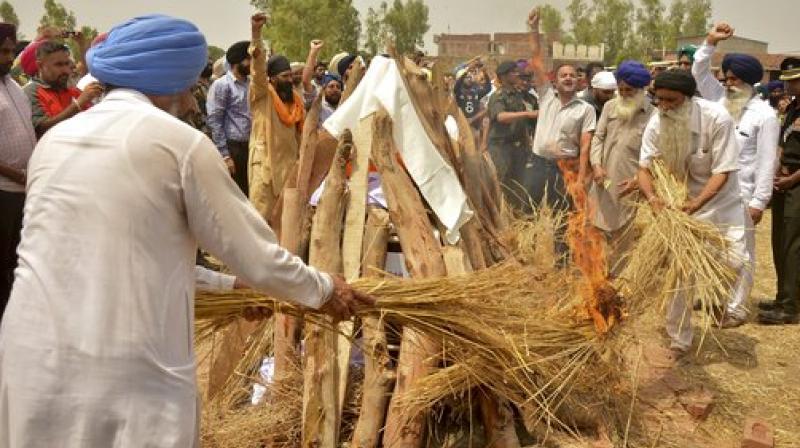 Cremation pyre of soldier Naib Subedar Paramjit Singh, from 22 Sikh unit, at Vein Poin village, 42 km (26 miles) south Amritsar on Tuesday.