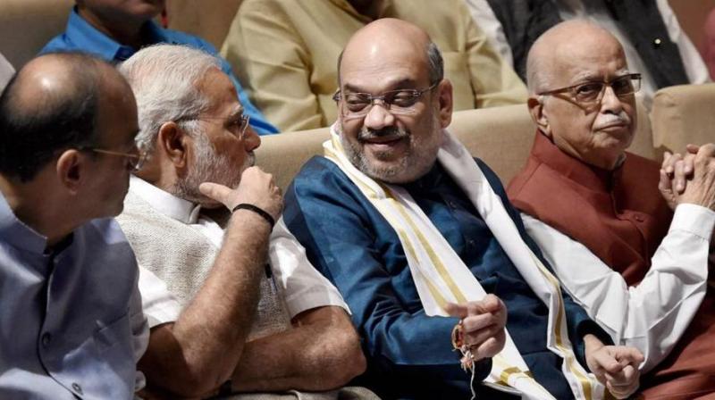 Finance minister Arun Jaitley, Prime Minister Narendra Modi, BJP chief Amit Shah and senior leader LK Advani during a BJP parliamentary party meeting in New Delhi. (Photo: PTI)