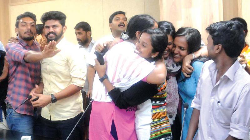 Students celebrate inside the conference hall at the Secretariat annexe after the discussions with Education Minister C Raveendranath that ended the agitations at the Kerala Law Academy Law College in Thiruvananthapuram on Wednesday. (Photo: A.V. MUZAFAR)