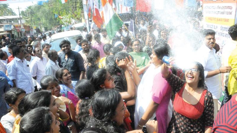 Students celebrate after the agitation at the Kerala Law Academy Law College in Thiruvananthapuram ended on Wednesday. (Photo: A.V. MUZAFAR)