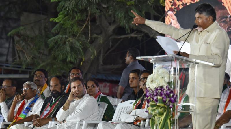 Naidu was speaking at a public meeting at Khammam, where he shared the dais with AICC president Rahul Gandhi for the first time after forging a four party alliance, at an election rally Khammam. (Photo: Twitter | @ncbn)