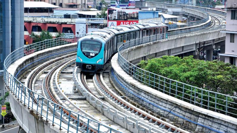 Metro train passes through the tight and sharpest curve where the metro line turns from Banerji Road to MG Road during the trial run conducted along along the Jawaharlal Nehru stadium  Maharajas stretch on Friday. (Photo: SUNOJ NINAN MATHEW.)