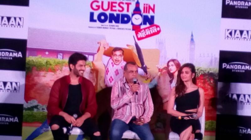 Kartik Aaryan, Paresh Rawal and Kriti Kharbanda interacting with the media in Mumbai. The entire team was very particular about not answering political questions, including the recently implemented GST.