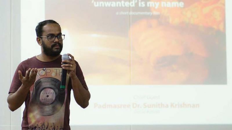 Shijith V.P. explains his documentary during a presentation recently.
