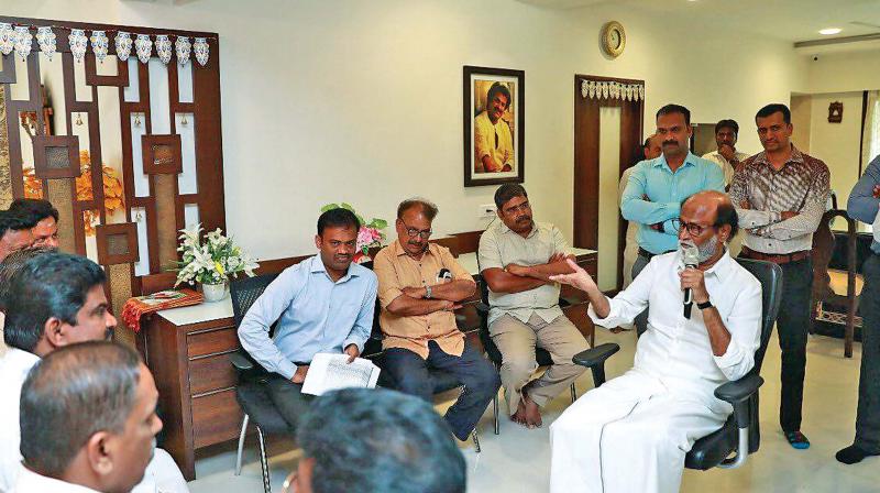 Actor Rajnikanth meets his Makkal Mandram office-bearers to discuss outreach  programmes his residence on Thursday. (Photo: DC)