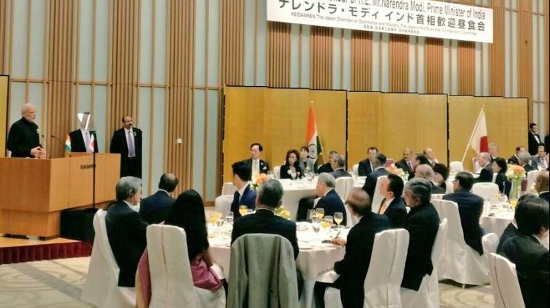 Addressing business leaders at the India-Japan Business Leaders Forum, he mentioned progress on GST and talked about other reforms in policies and rules to make investments and doing business easier in India. (Photo: Twitter)