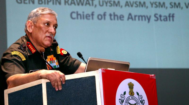 Army chief Gen Bipin Rawat speaks at the release of USI Strategic Yearbook 2017 at a function in New Delhi. (Photo: PTI)