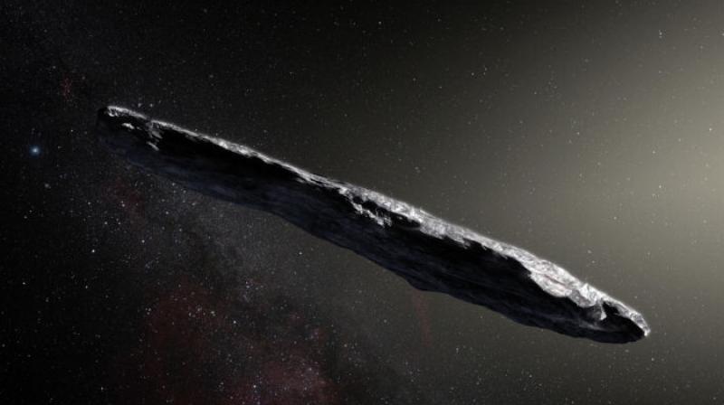 An artists impression of the first interstellar asteroid, Oumuamua. European Southern Observatory