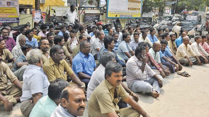 Transport staff stage a sit-in protest in Chennai on Friday. (Photo: DC)