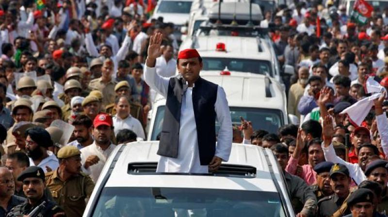 UP CM Akhilesh Yadav during road show in UP (Photo: PTI)
